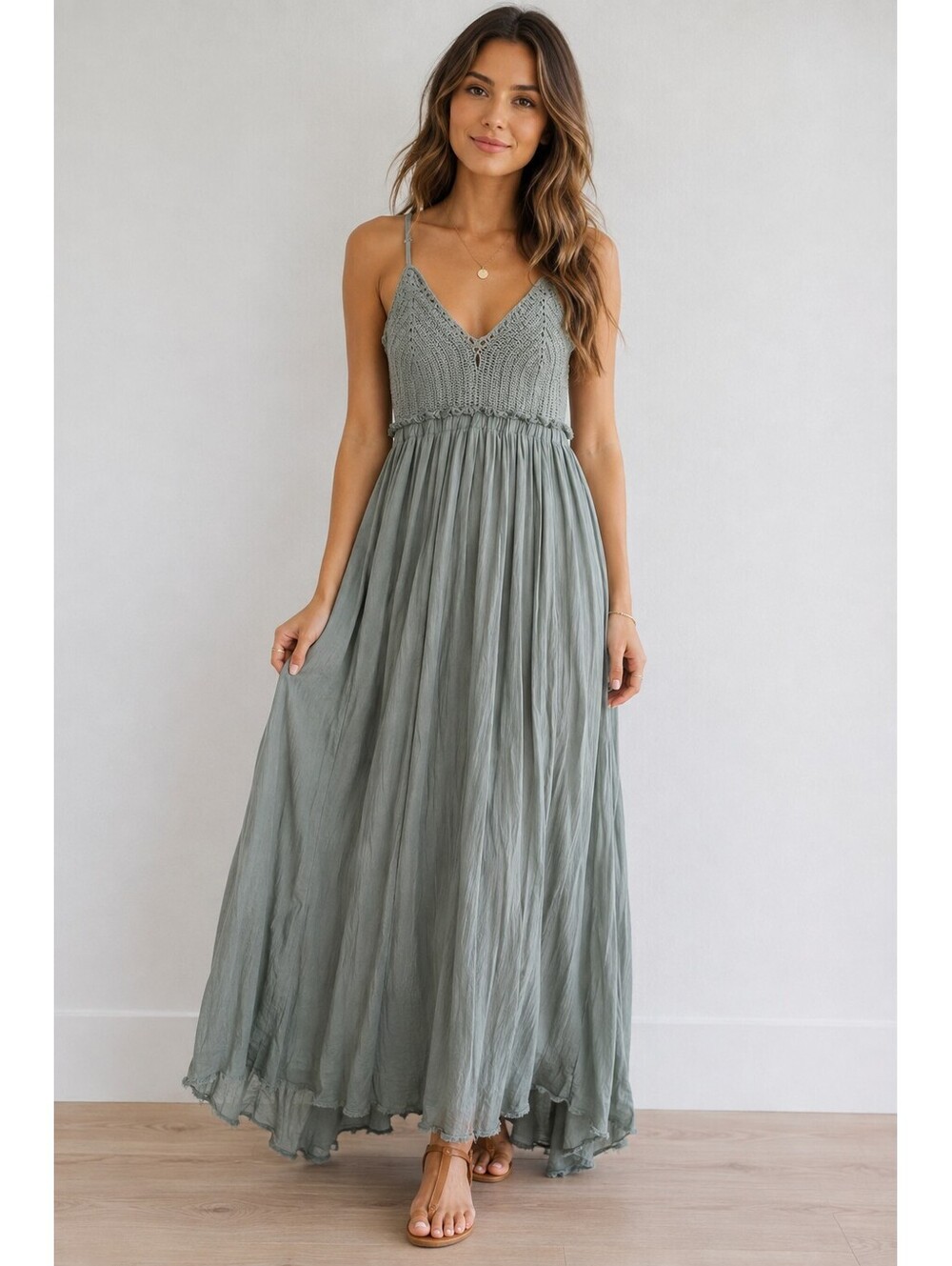 Miss Avenue M Sage Crochet Bodice Boho Maxi Dress Spaghetti Strap